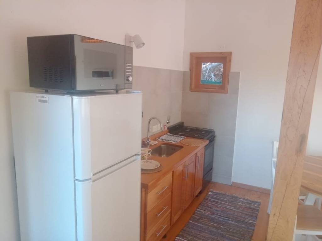 Kitchen with fridge and microwave