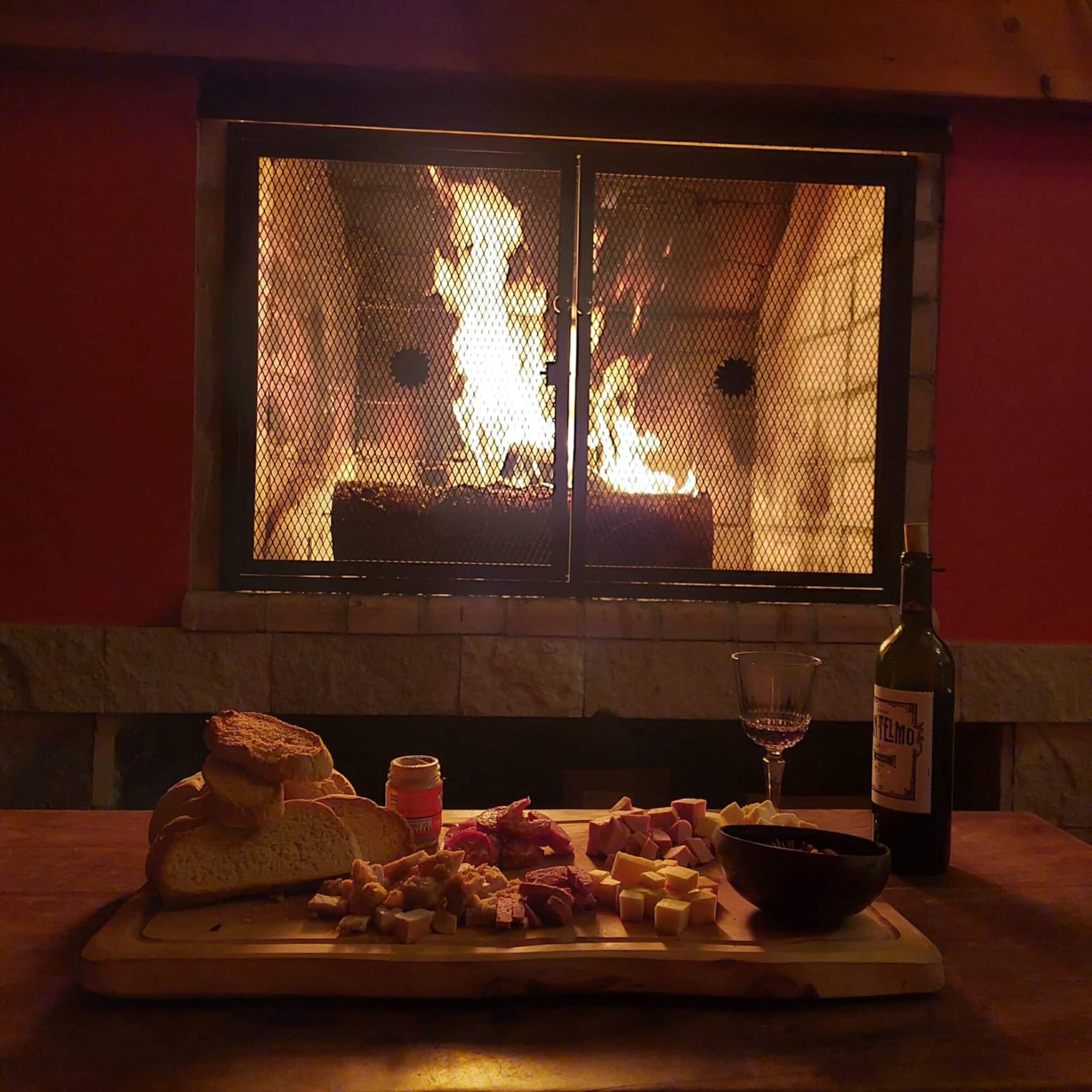 The wood fire lit