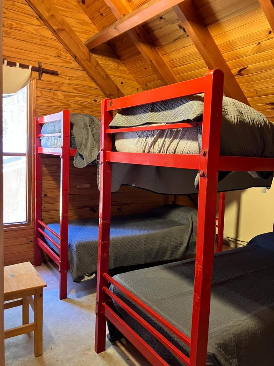Red bunk beds next to a window looking onto the trees