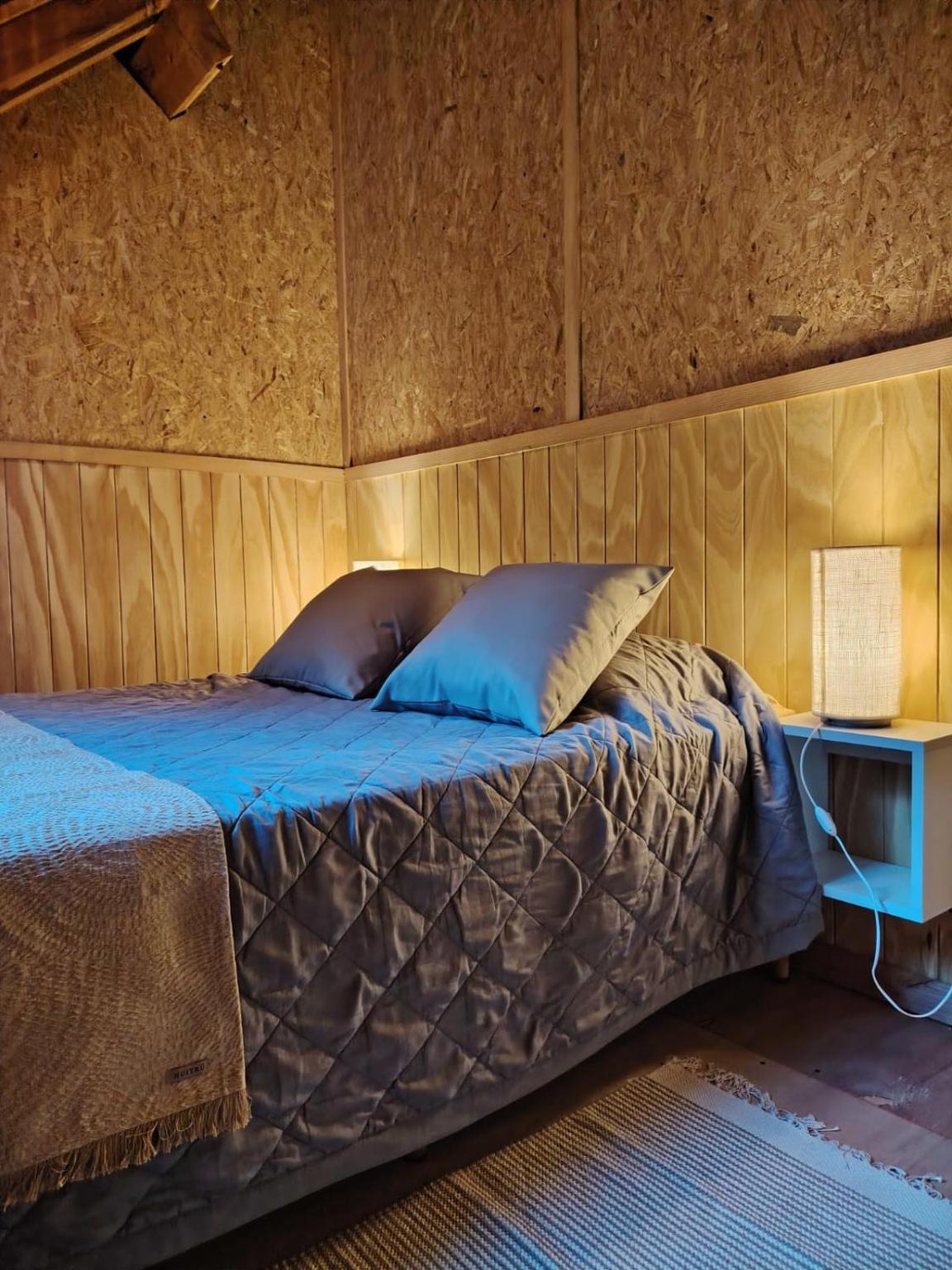 Double bed with cushions and bedside lamp