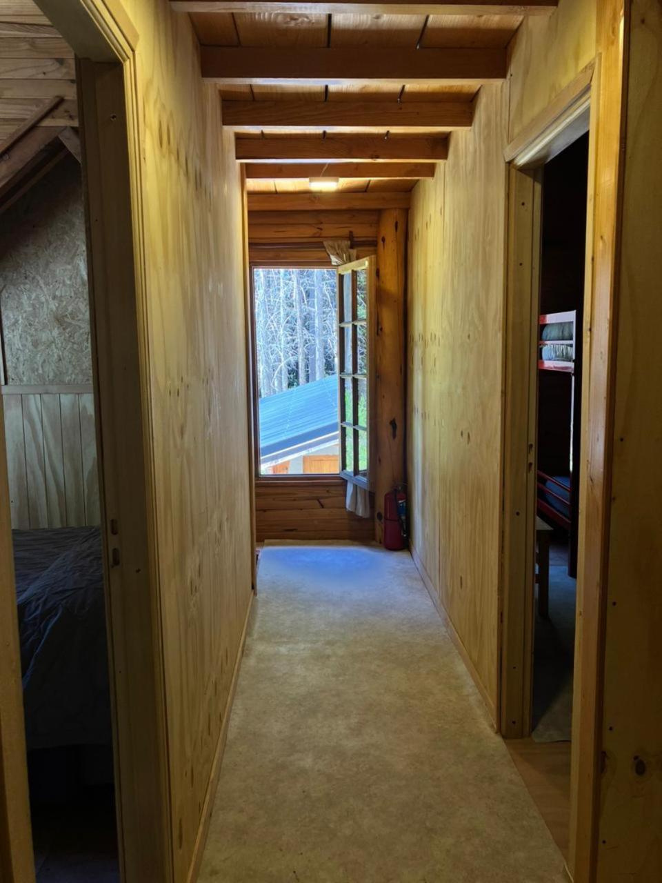 Wood-panelled hallway with a window to the forest