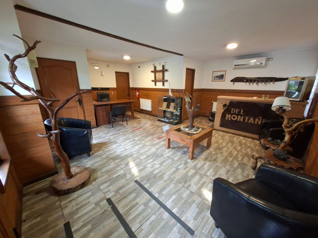 Recepción y sala de estar con sillones de cuero y detalles en madera