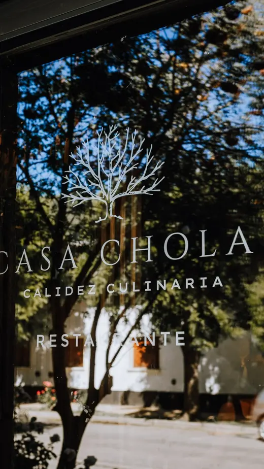 Vidriera de Casa Chola con el árbol del logo y el reflejo de los árboles de la calle