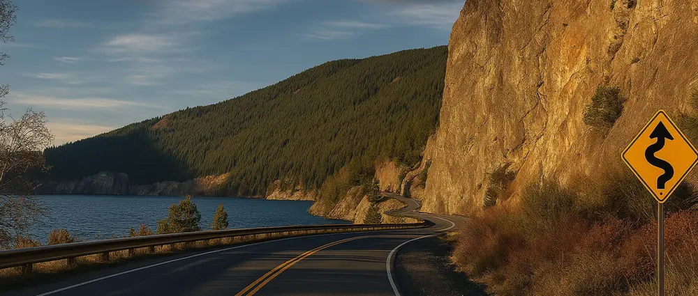 Ruta de montaña junto a un lago con una señal de curvas