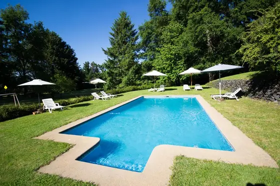 Piscina al aire libre con reposeras y sombrillas entre jardines