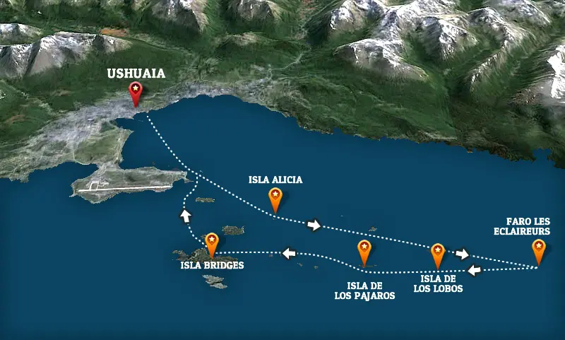 Mapa del recorrido: puerto de Ushuaia, isla Alicia, isla de los Pájaros, isla de los Lobos, faro Les Eclaireurs e isla Bridges