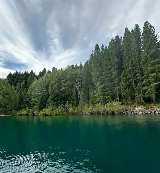 El bosque llega hasta el agua turquesa, bajo un cielo de nubes