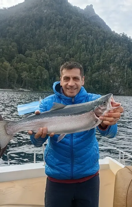 Una trucha arco iris con la montaña y el bosque de fondo